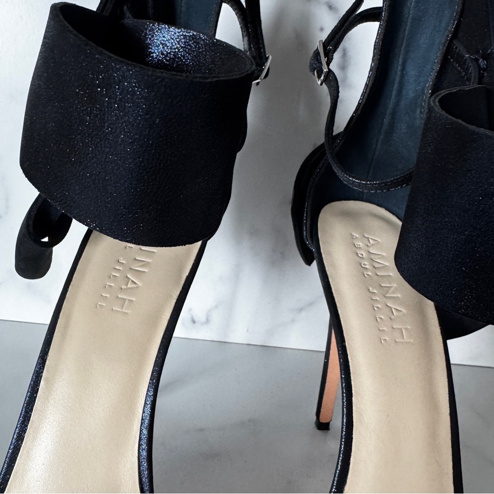 Amina’s Abdul Jillil Navy Blue Metallic Glitter Bow Sandals Heels Size US 11 - Picture 11 of 13